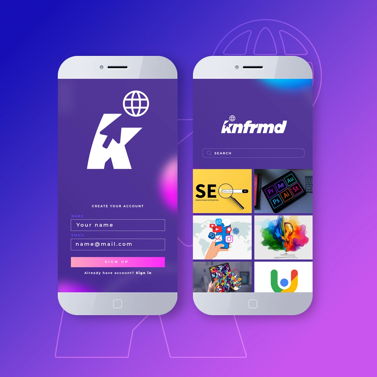 mock-up design of the Knfrmd mobile app on a mobile device